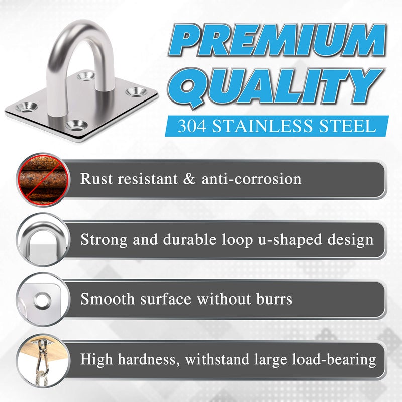 PAMAZY 2PCS M8 Premium Heavy Duty Square Stainless Steel Pad Eye Hooks + 2PCS Snap Hooks and 8PCS Screws with 8PCS Plastic Expansion Tube, Ceiling Hooks Heavy Duty for Outdoor Indoor Activity - Image 4